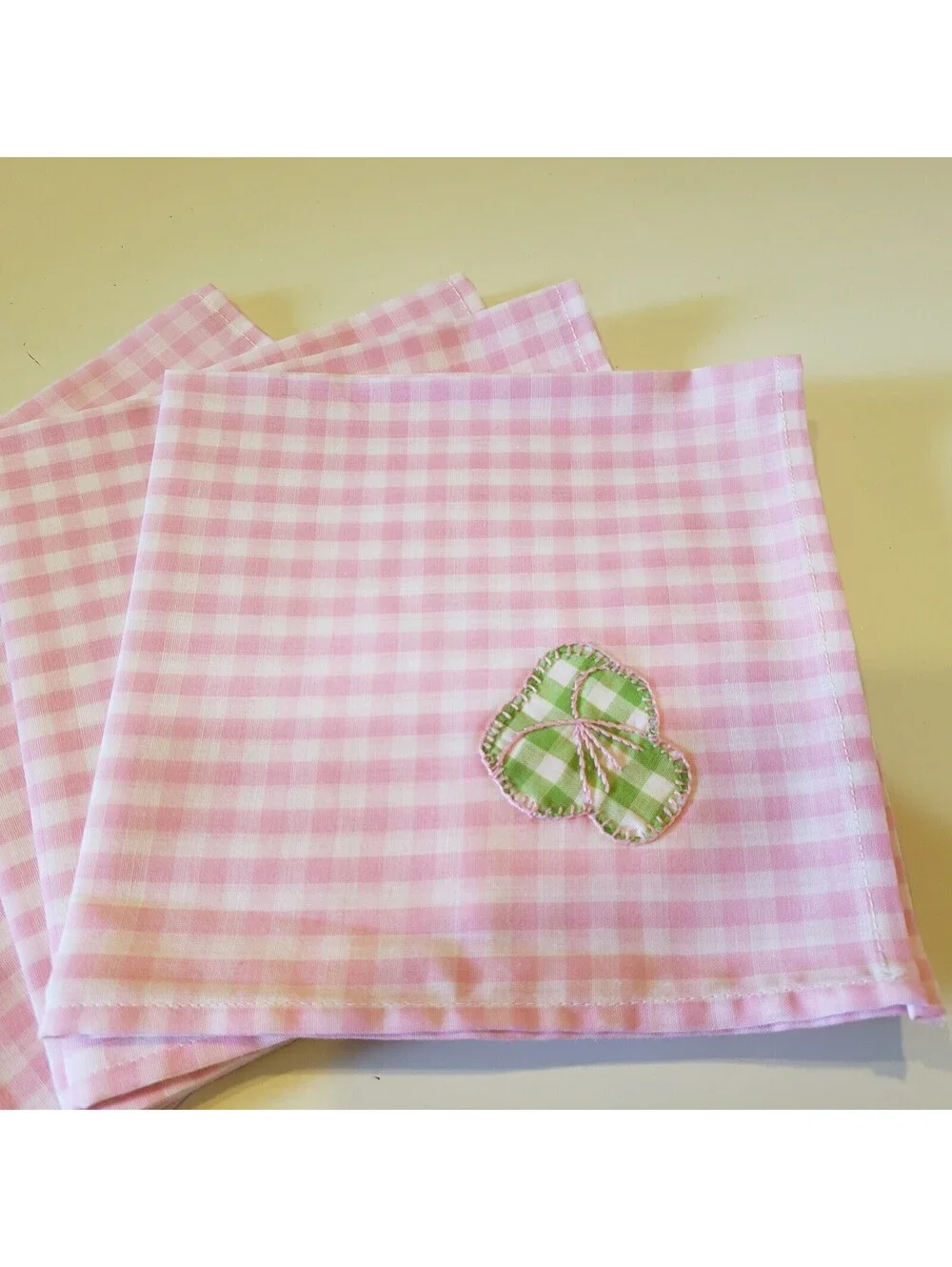 Vintage Cotton Gingham Napkin Placemat Set Green Pink Applique Hand Made Retro